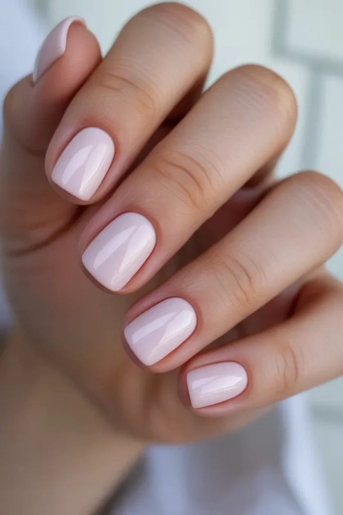 Short square nails in light blush pink with a glossy