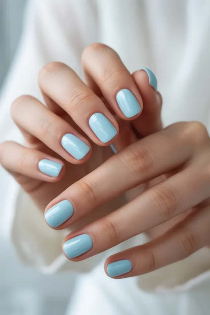 Short square nails in pastel baby blue