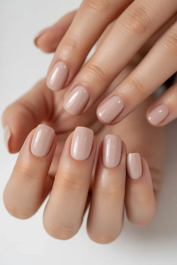 Short square nails in soft nude beige with a glossy finish