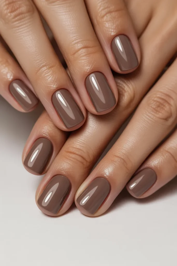 Short square nails in taupe brown shade