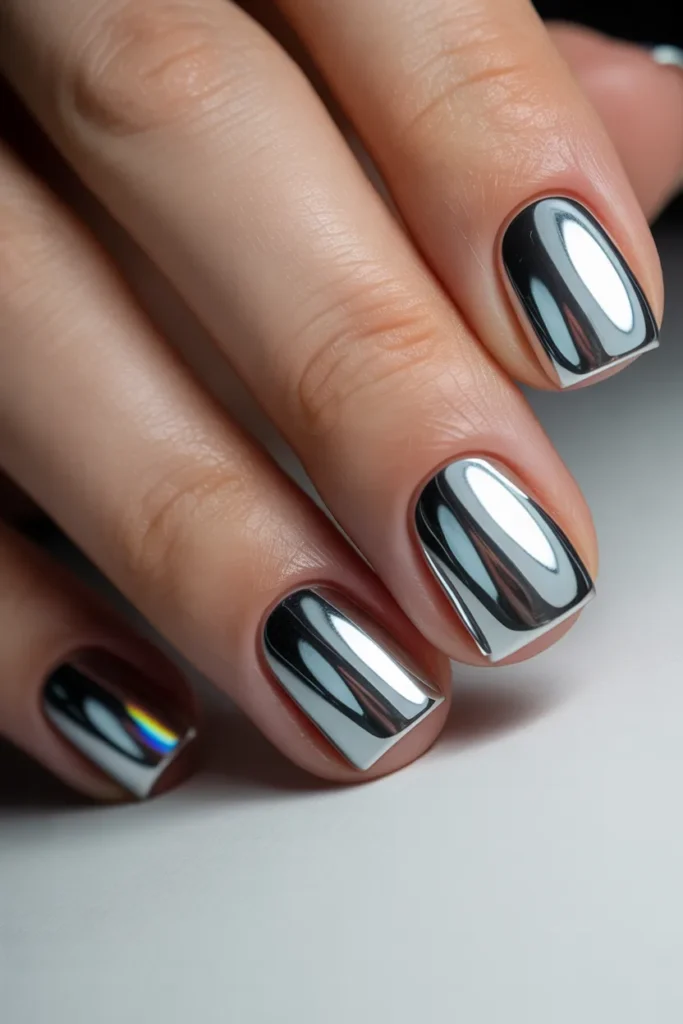 Short square nails with a metallic silver chrome finish