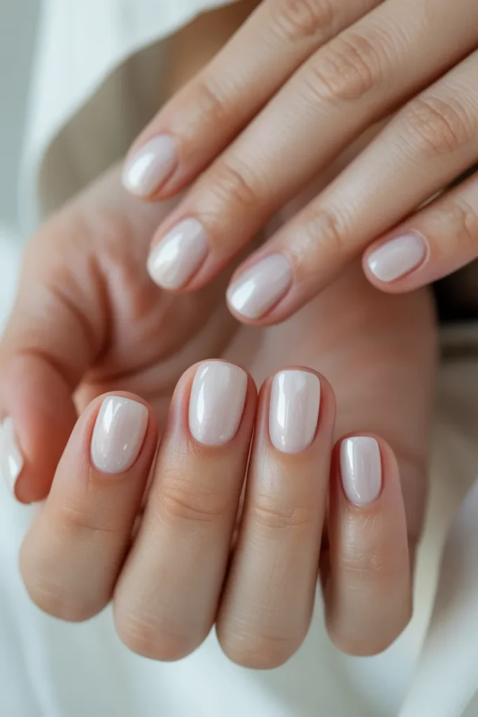 Short square nails with a milky white translucent polish