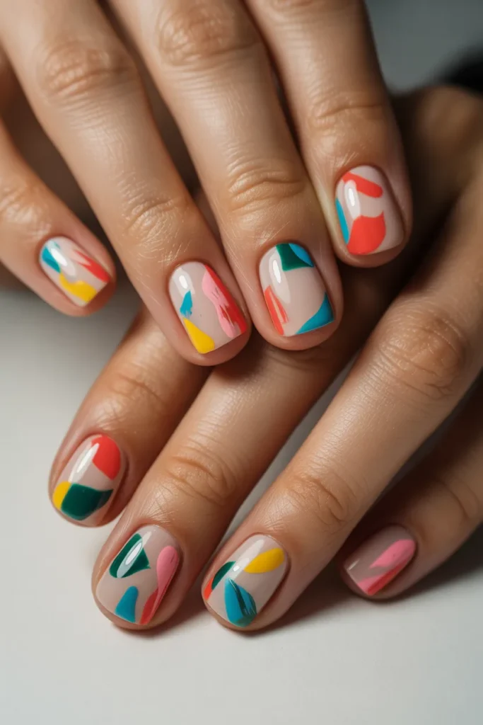 Short square nails with abstract shapes in multiple colors
