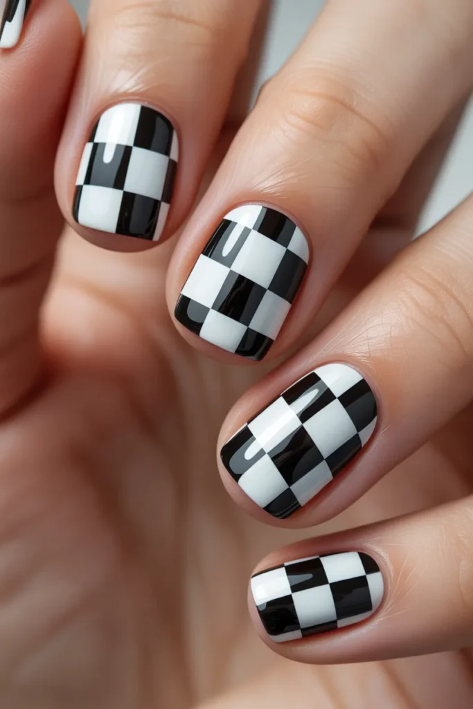 Short square nails with black and white checkerboard design.