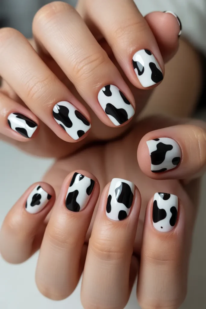 Short square nails with black and white cow print pattern