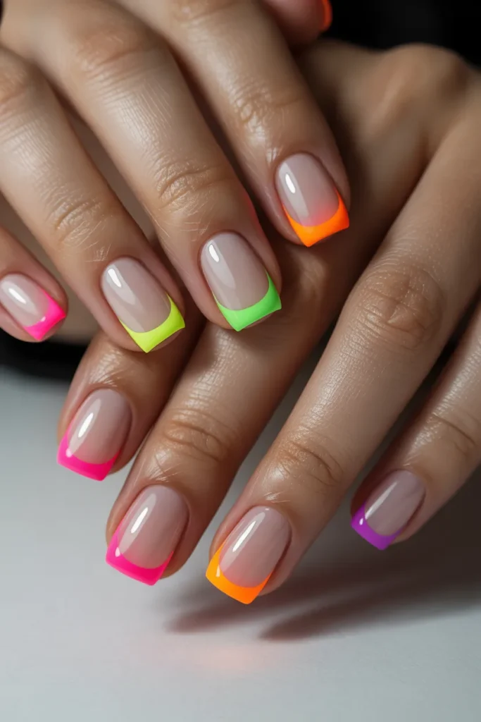 Short square nails with colorful French tips in neon shades.