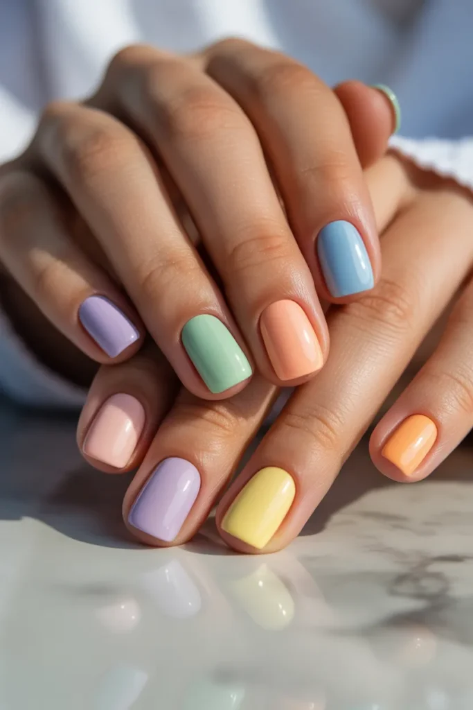 Short square nails with each nail in different pastel shades like lavender