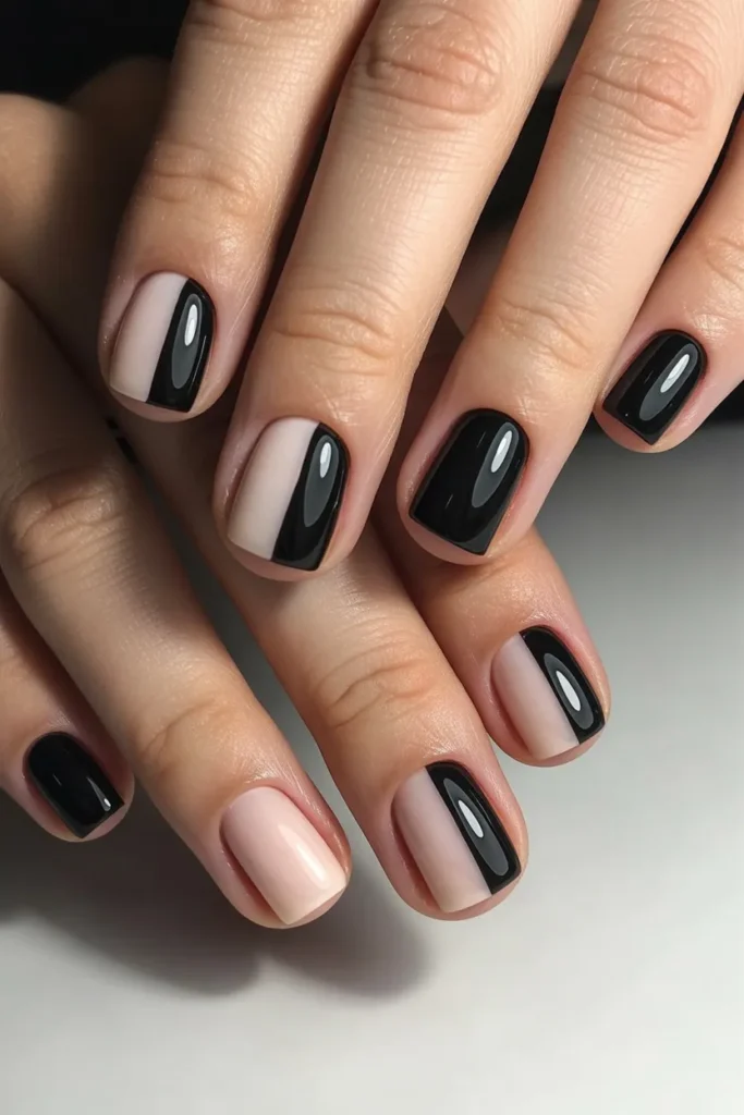 Short square nails with half black and half nude design
