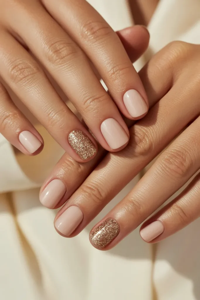Short square nails with nude base and one glitter accent nail on each hand.