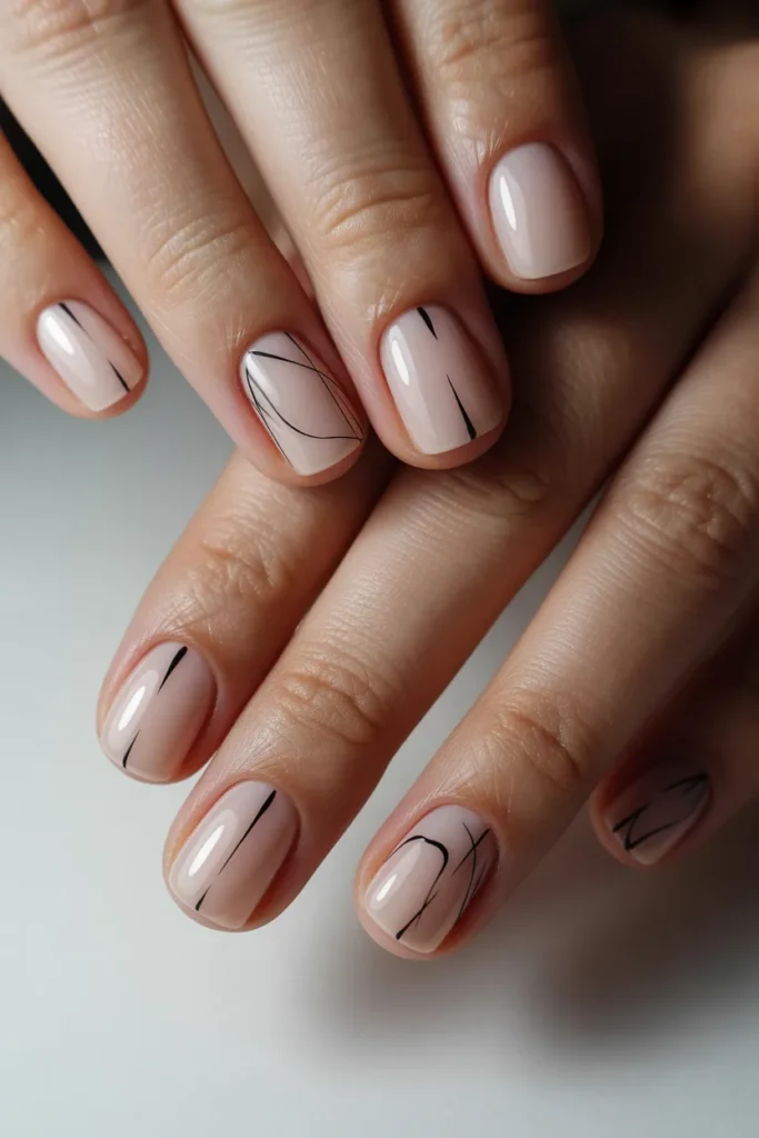 Short square nails with nude base and thin black abstract line art