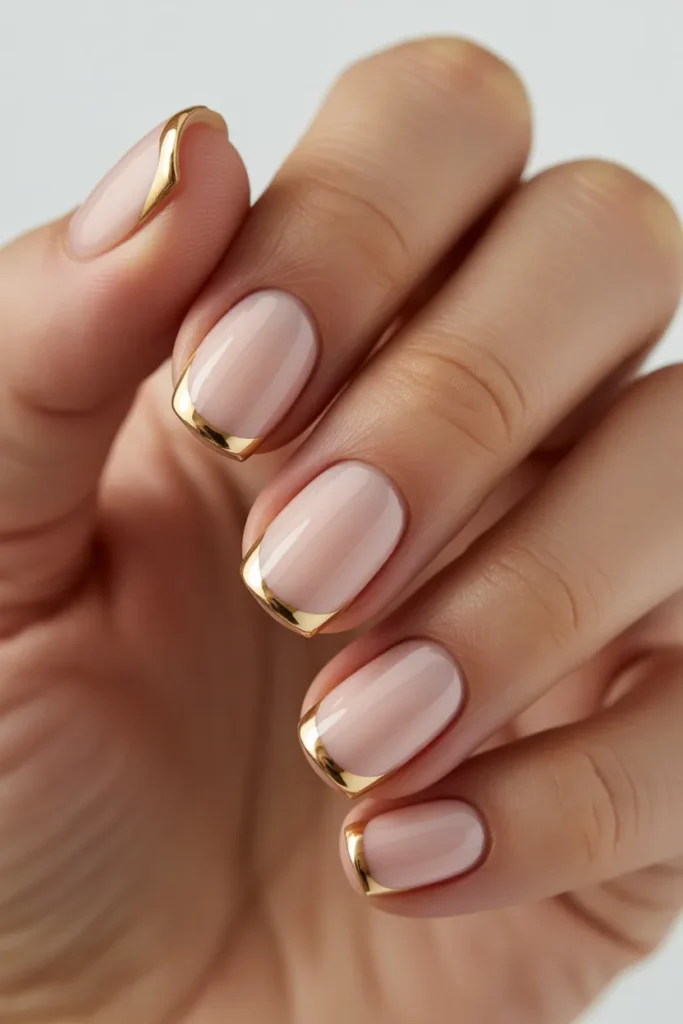 Short square nails with nude base and thin metallic gold French tips