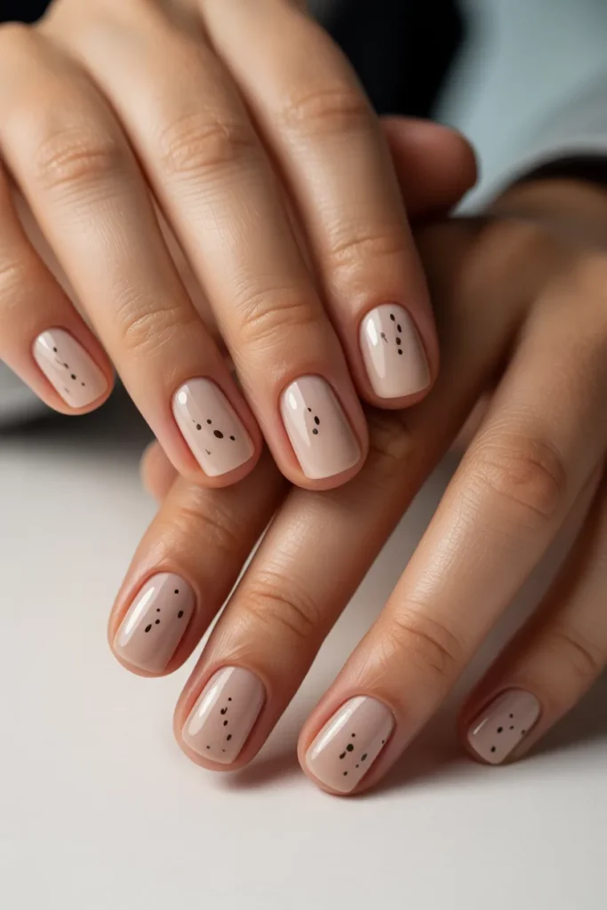 Short square nails with nude base and tiny black dots.