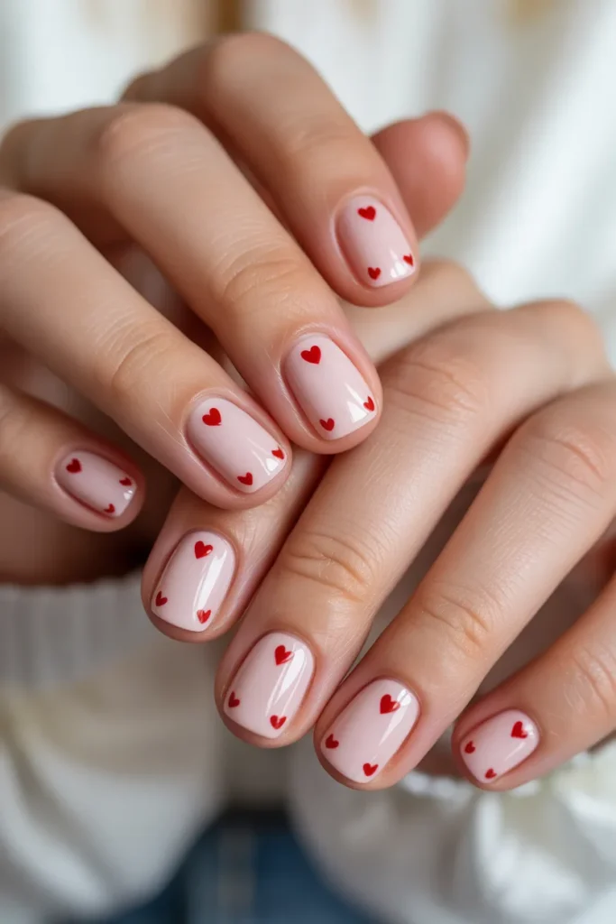 Short square nails with nude base and tiny red heart designs