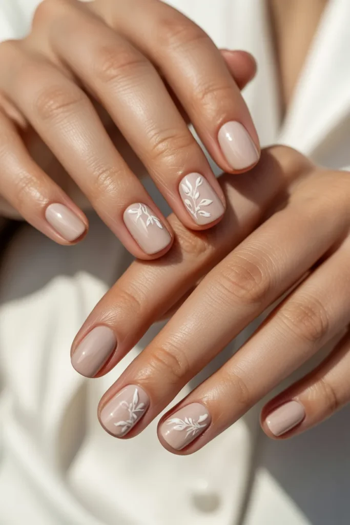 Short square nails with nude base and tiny white floral designs.