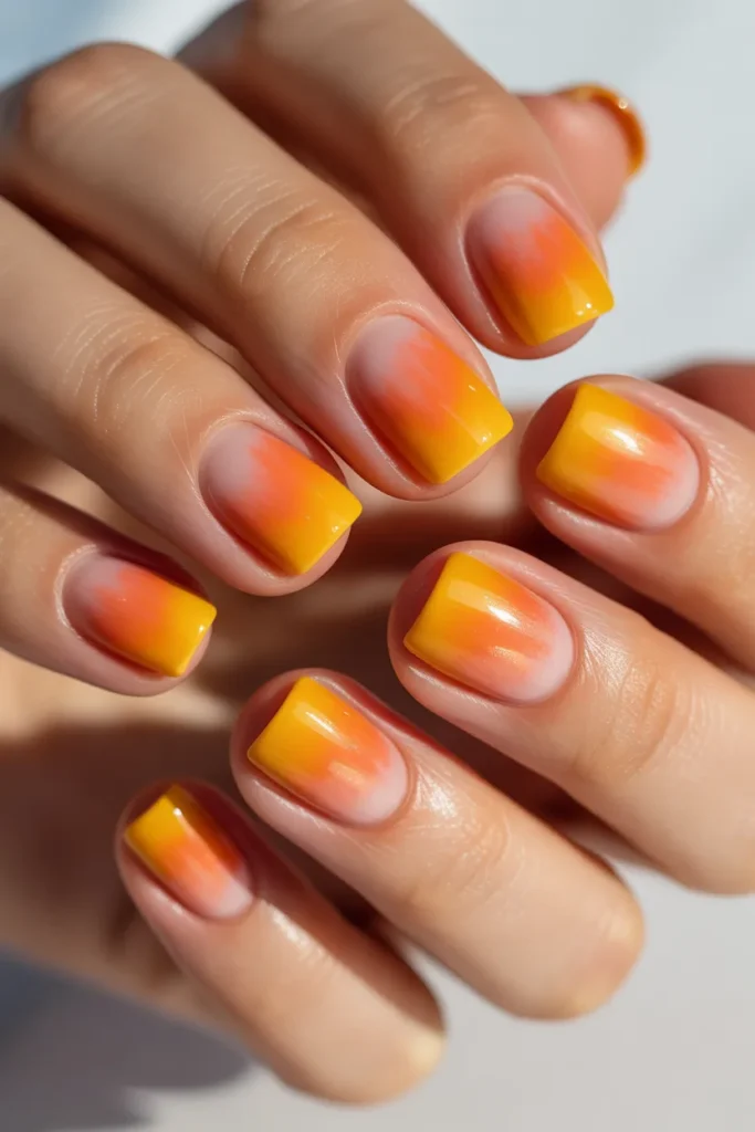 Short square nails with orange, pink, and yellow gradient