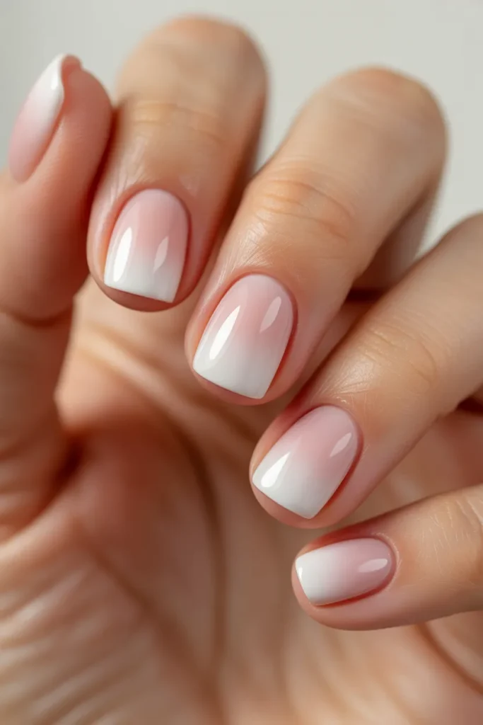 Short square nails with pink-to-white ombre gradient