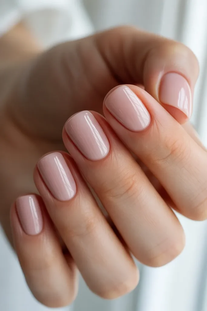 Short square nails with sheer pink glossy polish