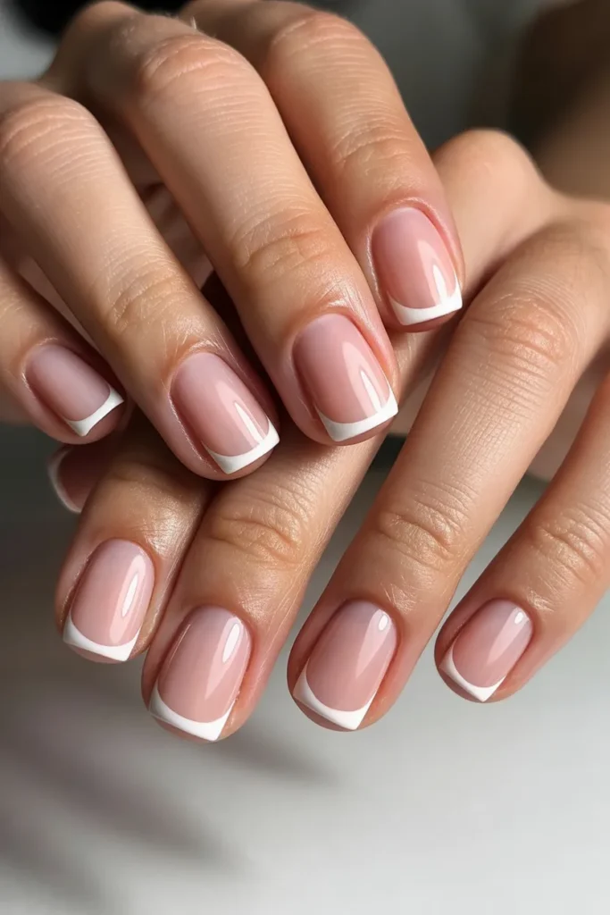 Short square nails with thin white French tips on a sheer pink base