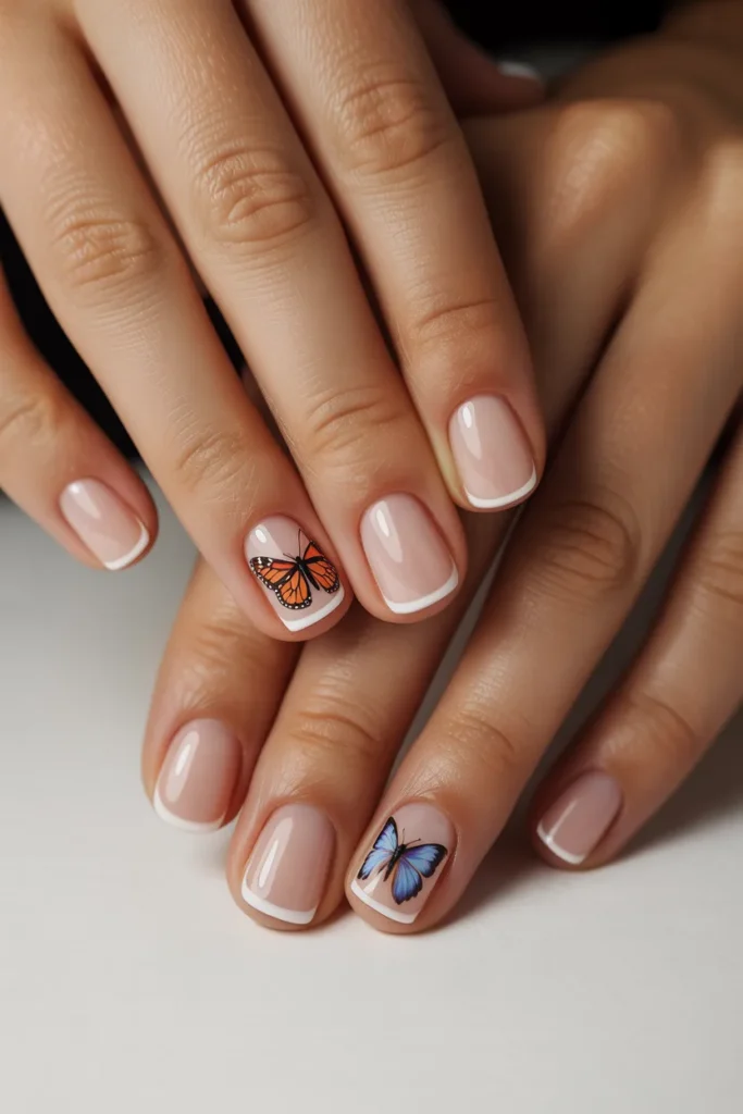 Short square nails with tiny butterfly art on accent nails