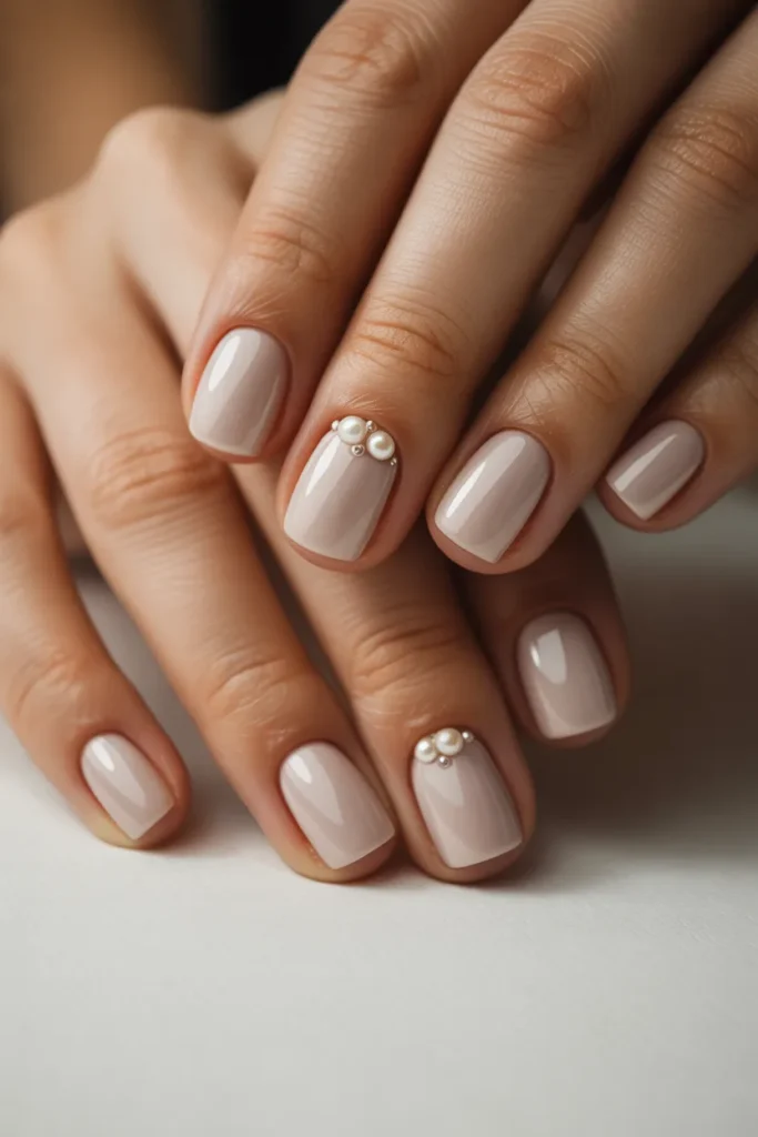 Short square nails with tiny pearl accents on nude polish