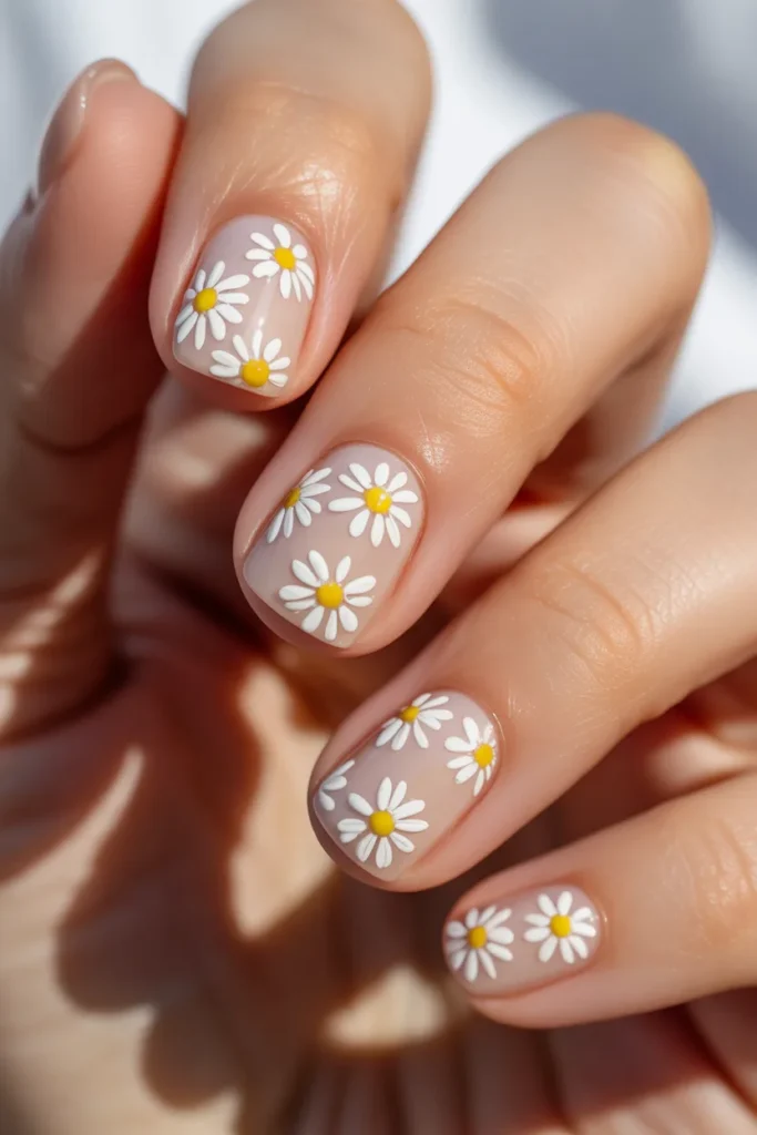 Short square nails with tiny white daisies