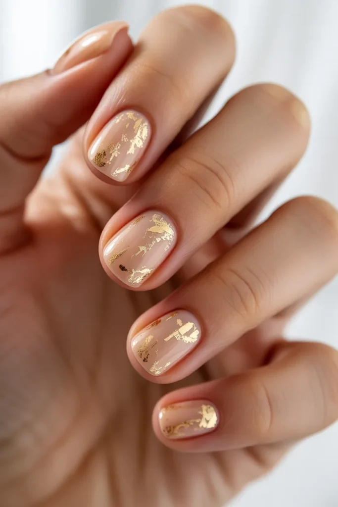 Short square nude nails with scattered gold foil flakes.