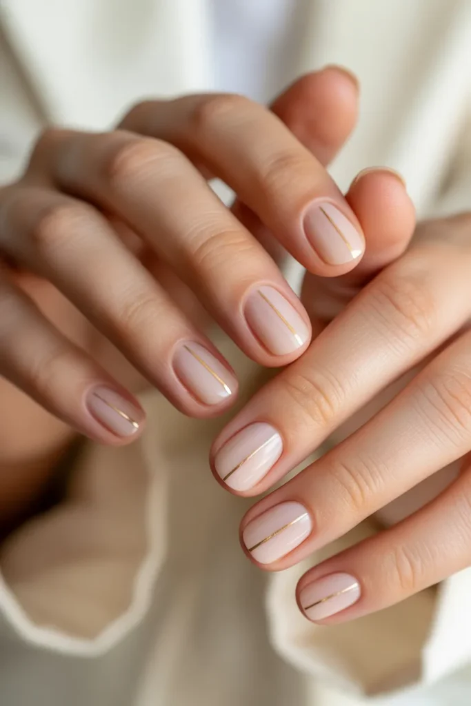 Short square nude nails with thin gold vertical lines.