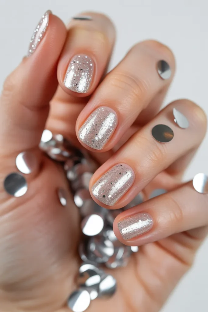 Silver glitter nails and confetti on a light base
