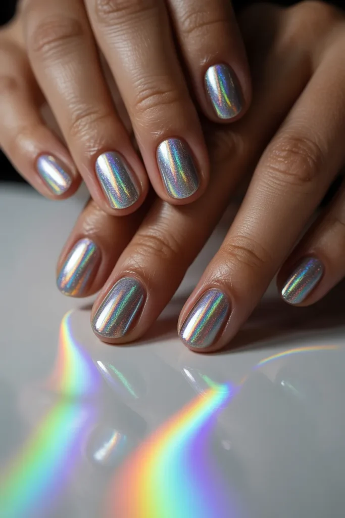 Silver holographic nails reflecting rainbow colors