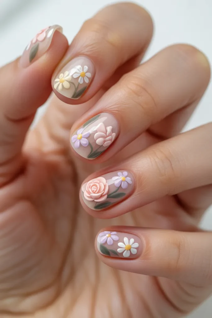 Simple floral designs on short nails