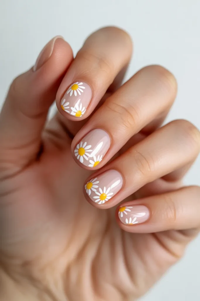 Simple nails with daisy sticker patterns, clean and easy nail art look