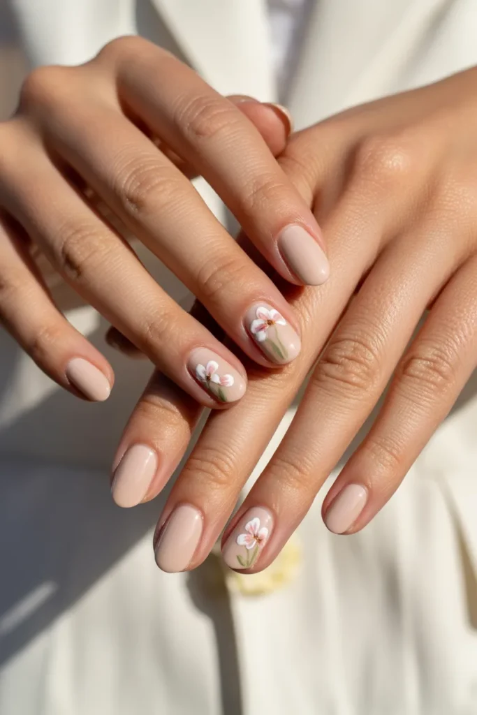 Single small flower on nude nails