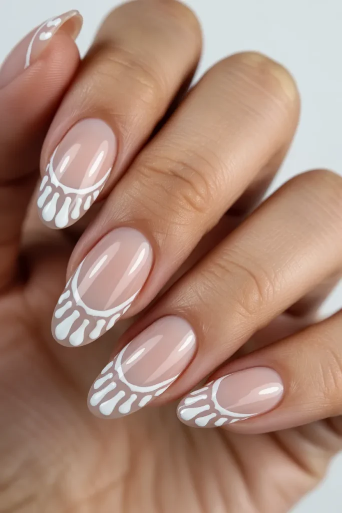 Skeleton French tips, white bone design, nude base
