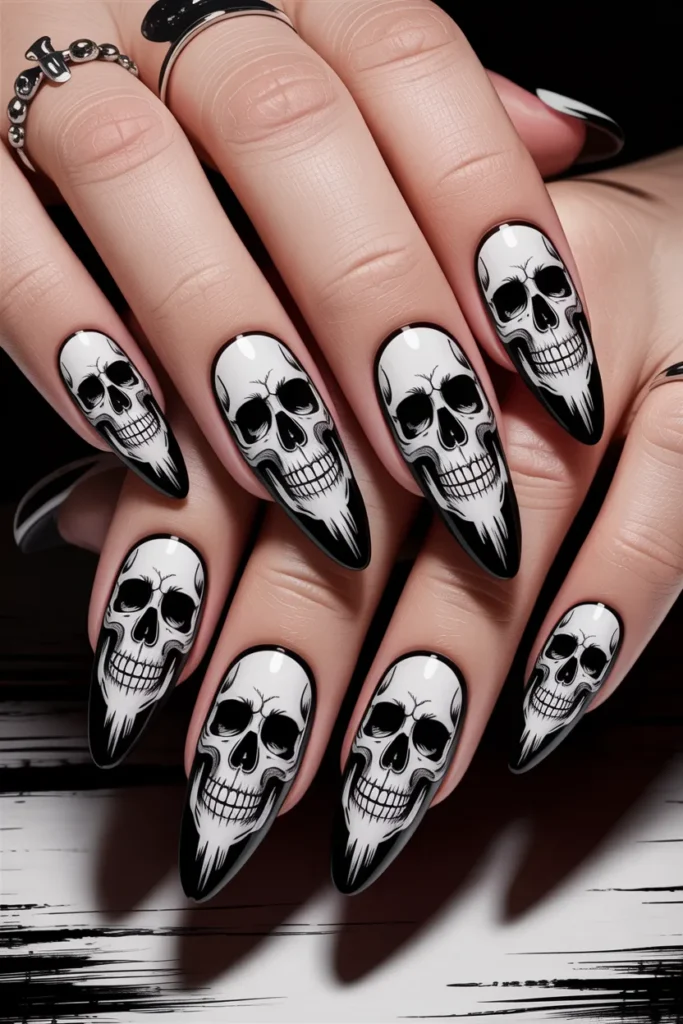 Skull nail art, black and white skull design