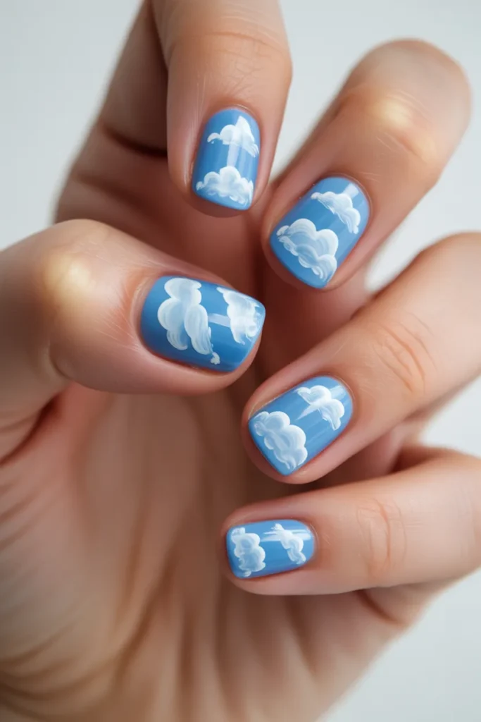  Sky blue nails with fluffy white cloud art