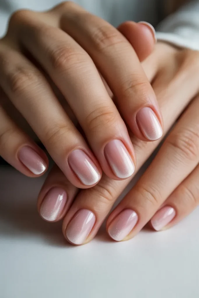 Smooth ombre gradient from clear to pink blush nails.