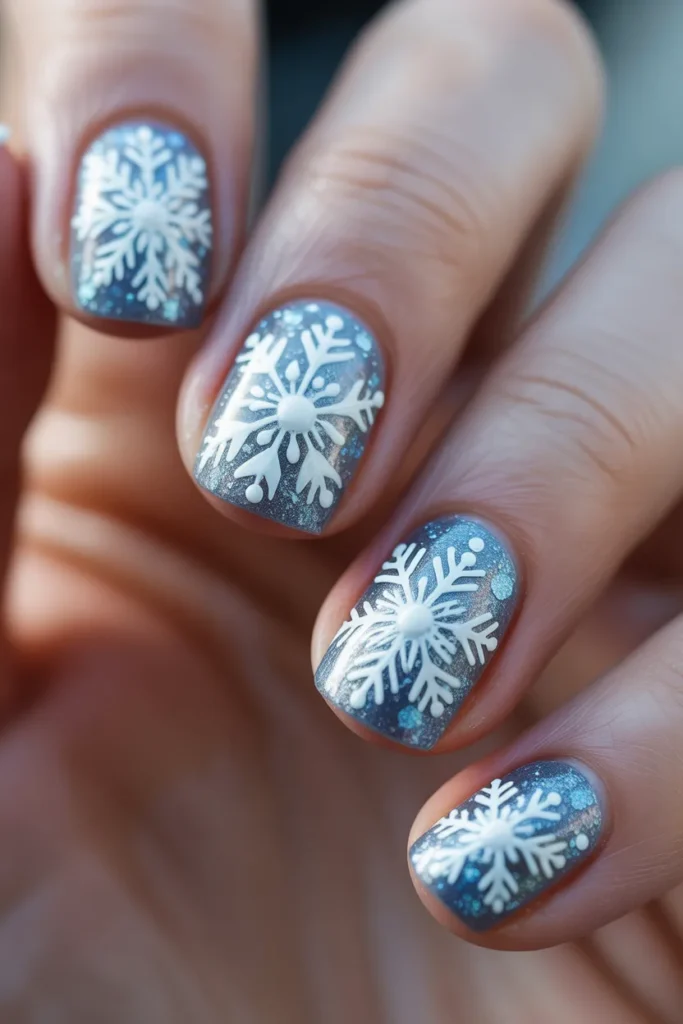 Snowflake nail art, icy blue tones