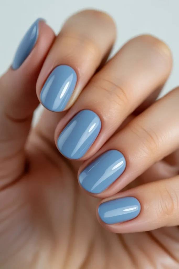 Soft baby blue nails with glossy top coat