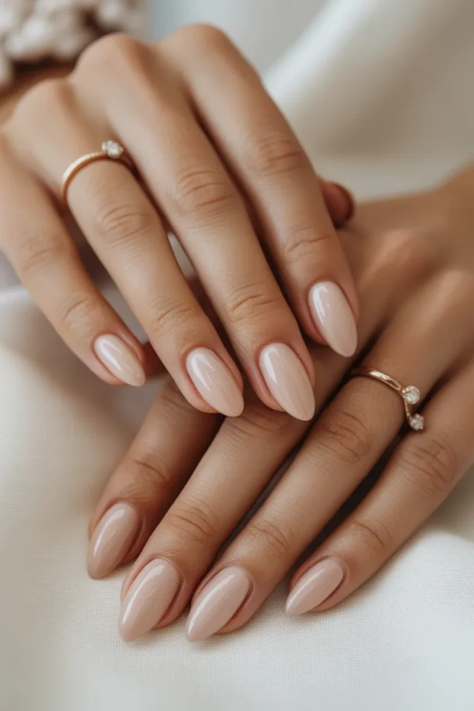 Soft nude almond-shaped nails