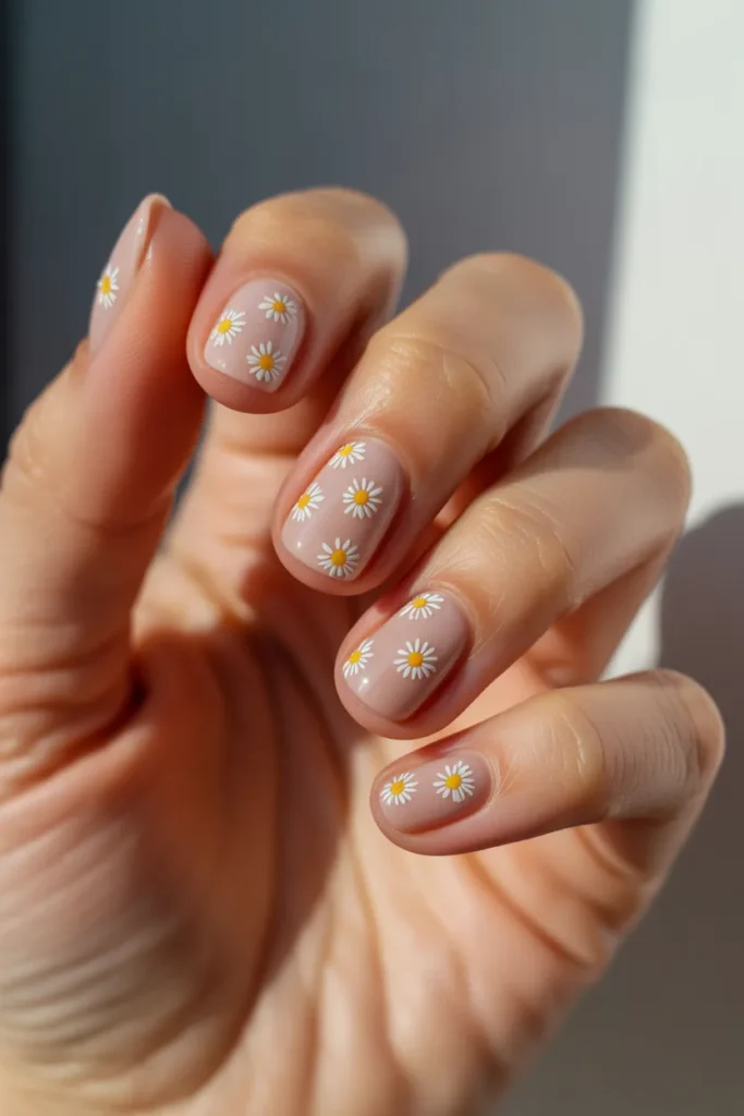 Soft nude nail base with tiny white daisies and yellow centers