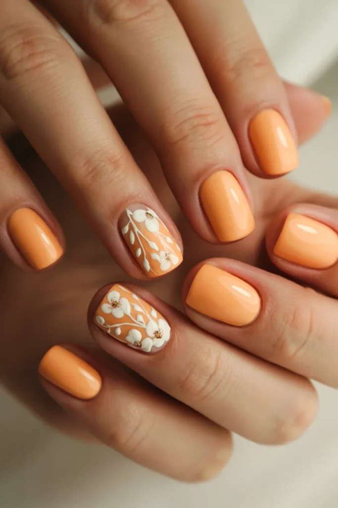 Soft orange nails with white floral designs on accent fingers