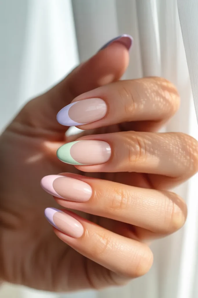 Soft pastel French tips on almond nails
