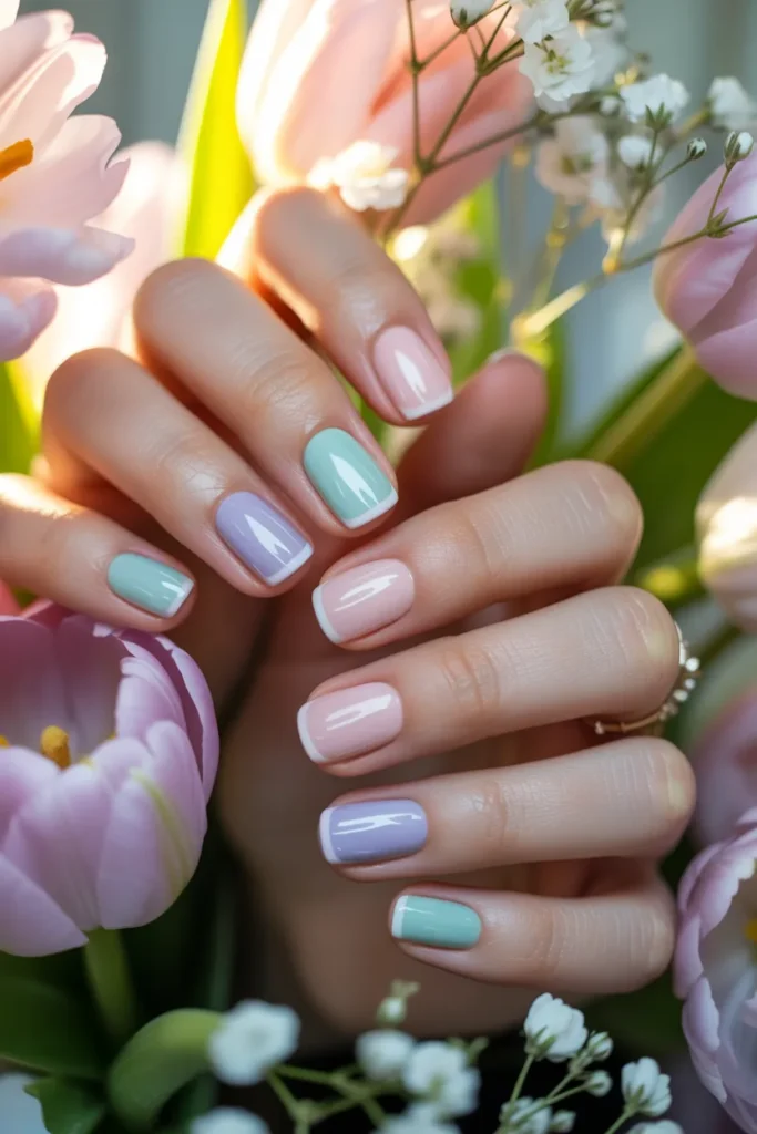 Soft pastel French tips on short square nails