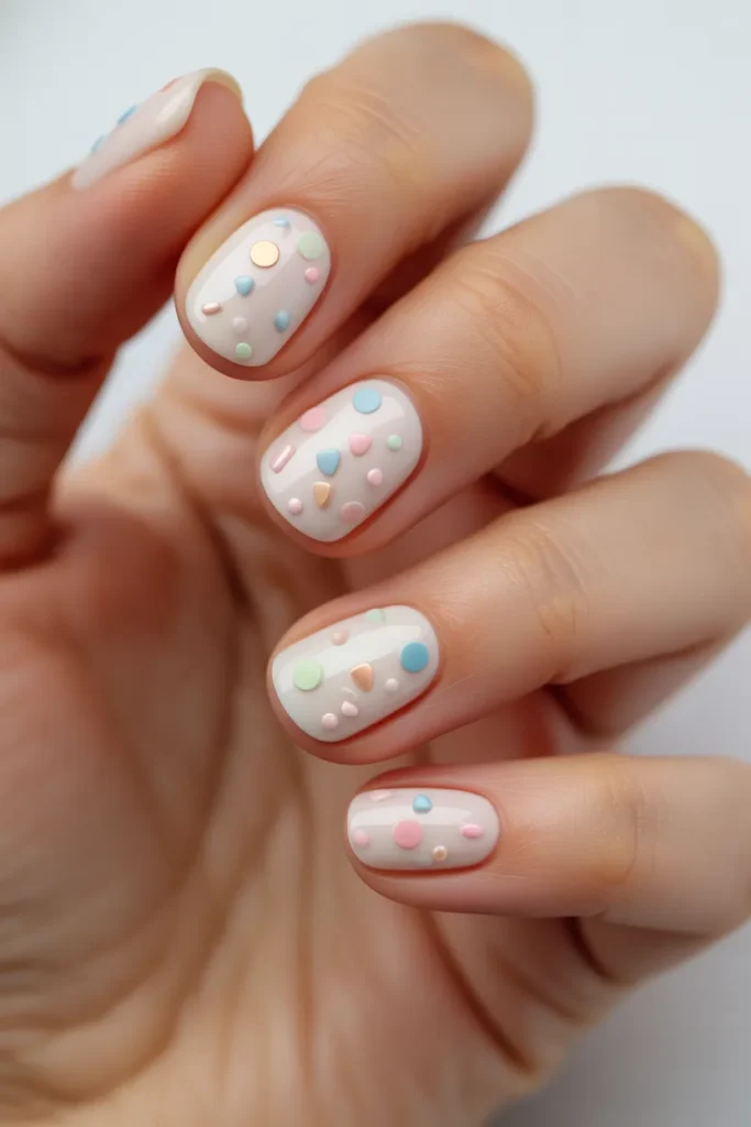 Soft pastel base with delicate pink, blue, and mint confetti accents.