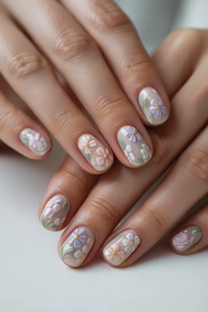 Soft pastel flowers nails on light base