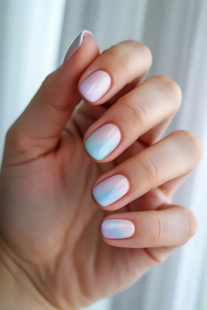 Soft pastel gradient nails, blending pink, blue, and lavender