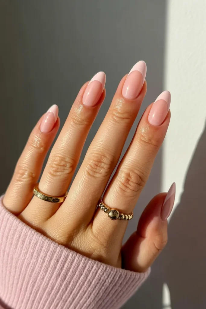 Soft pastel pink almond gel nails