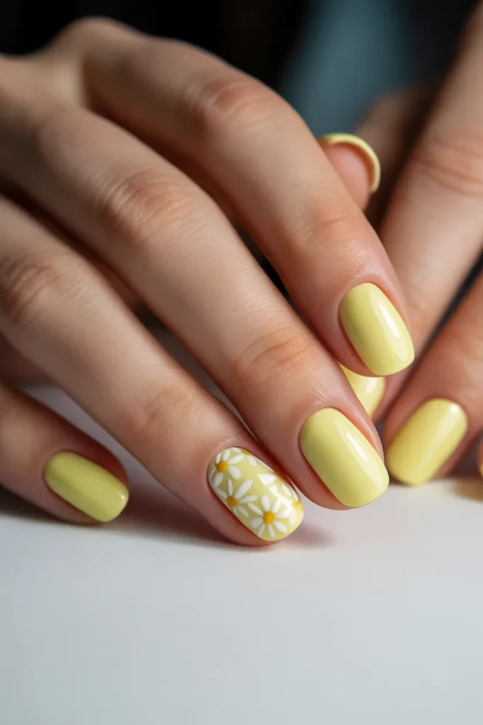 Soft pastel yellow accent nails with white daisy patterns on ring finger