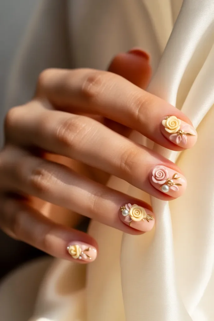 Soft peach nails with 3D floral designs