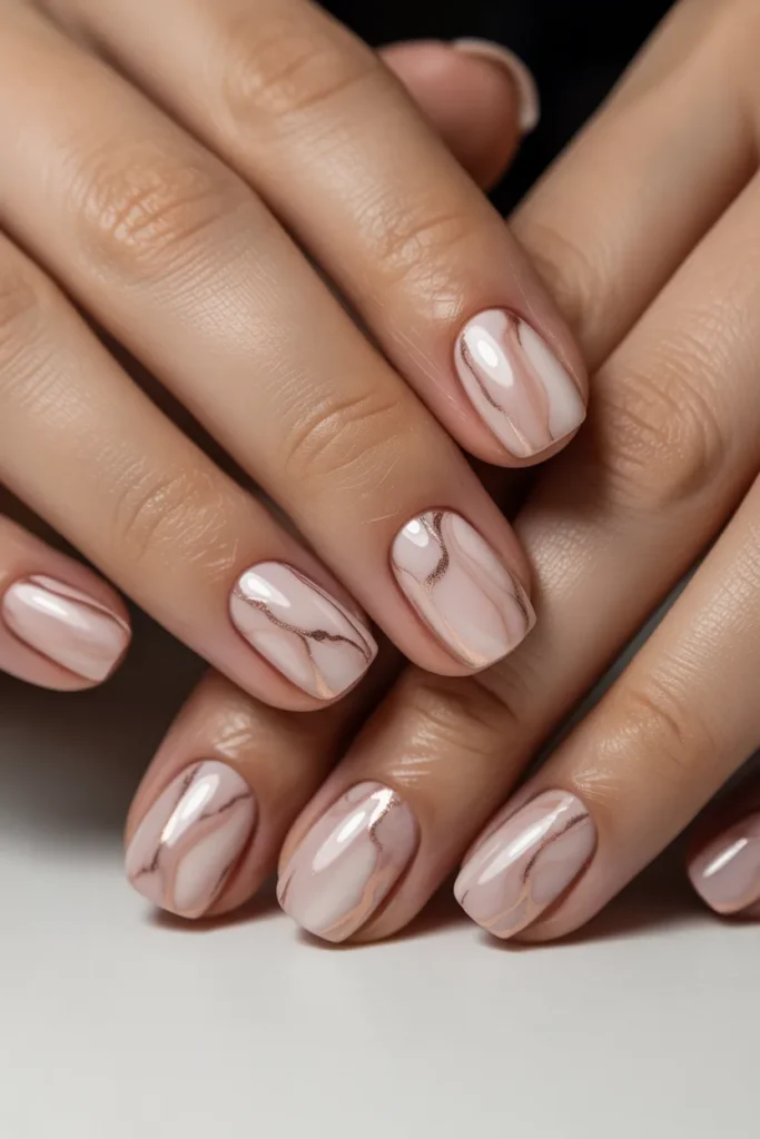 Soft pink marble design on short square nails